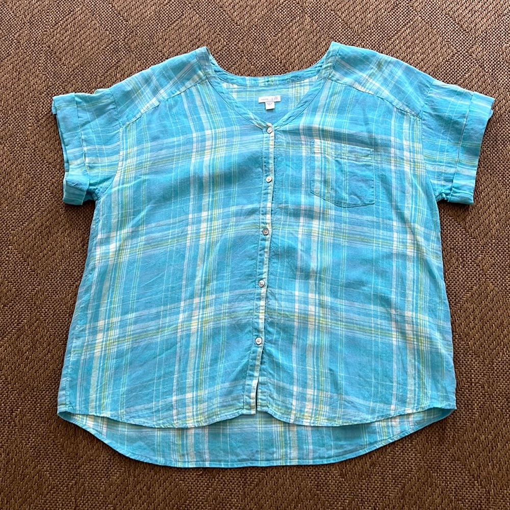 J. Jill Aqua Plaid Short-Sleeve Button-Down Shirt 100% linen.